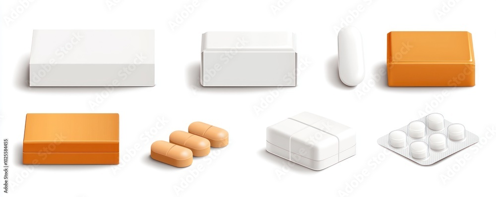 Poster front and side views of rectangular medicament box sets, shown in a vector format.