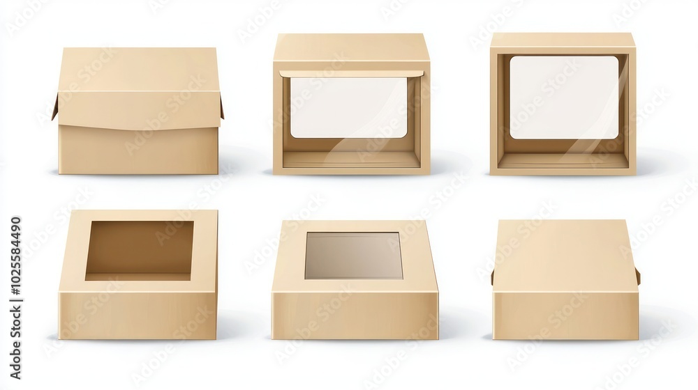 Poster render a vector set of packaging boxes with windows, front and side views displayed.
