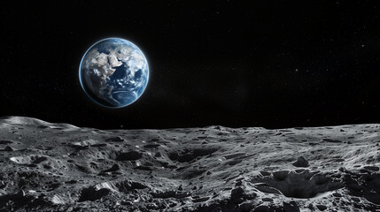 Earth rising over the moon's surface in outer space with stars in the background