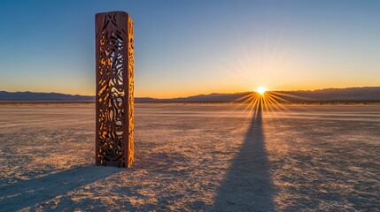 A towering wooden sculpture in the desert, with intricate carvings casting long shadows over the sand as the sun sets