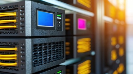 Data Center Server Rack Close up with Yellow Cables and Network Equipment