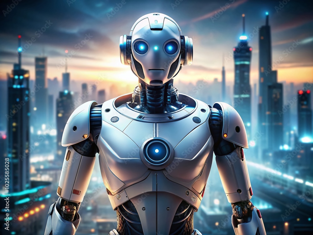 Poster futuristic robot illustration with advanced technology features and sleek design for digital project