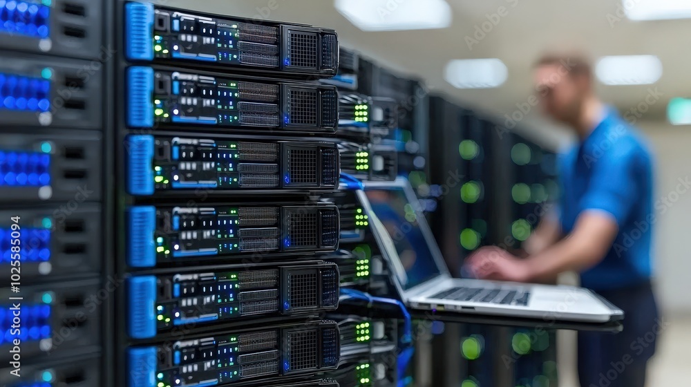 Poster server room technician working on laptop with data center rack background