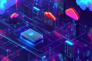 Fototapeta premium Innovative Serverless Technology on Hybrid Cloud Network: Modern Digital Infrastructure Solutions