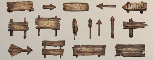 High-resolution image set of wooden signboards and banners from rustic timber.