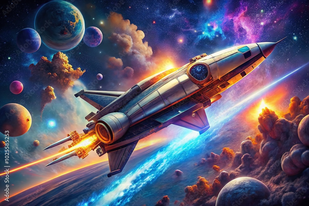 Poster futuristic spaceship flying through a starry galaxy creating a stunning visual of space exploration 