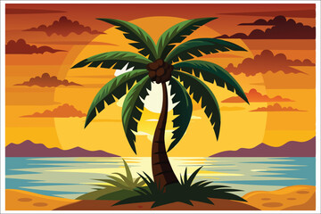 Fototapeta premium Coconut Tree Sunset Beach Vector Illustration 2025