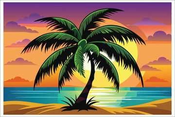 Fototapeta premium Coconut Tree Sunset Beach Vector Illustration 2025