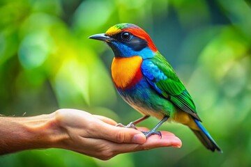 Fototapeta premium Gentle Touch: Captivating Moment of a Bird in Hands Symbolizing Care, Nature, and Wildlife Conservation Efforts