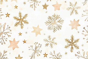 Golden stars and snowflakes pattern, white isolated background