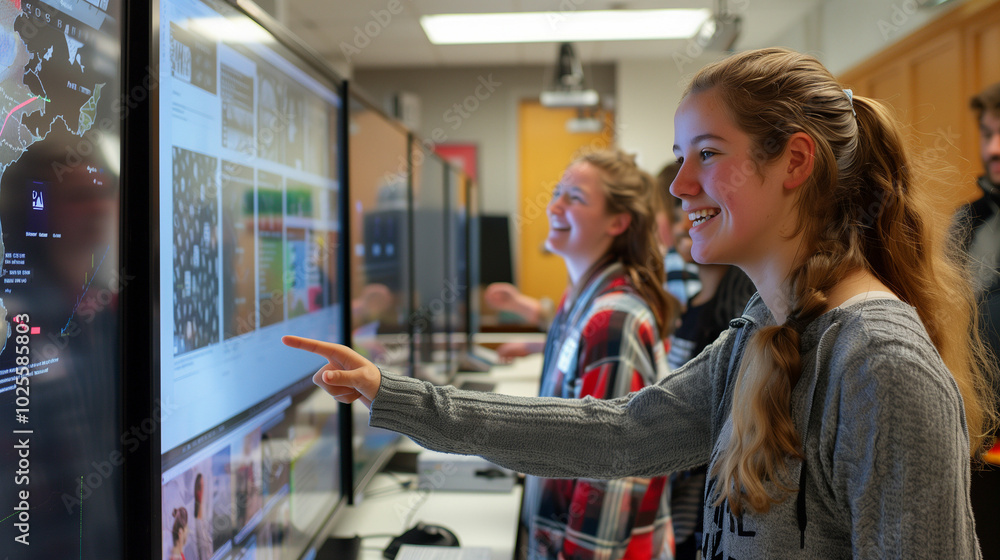 Poster engaged students interact with touchscreen technology in a modern classroom during an innovative lea