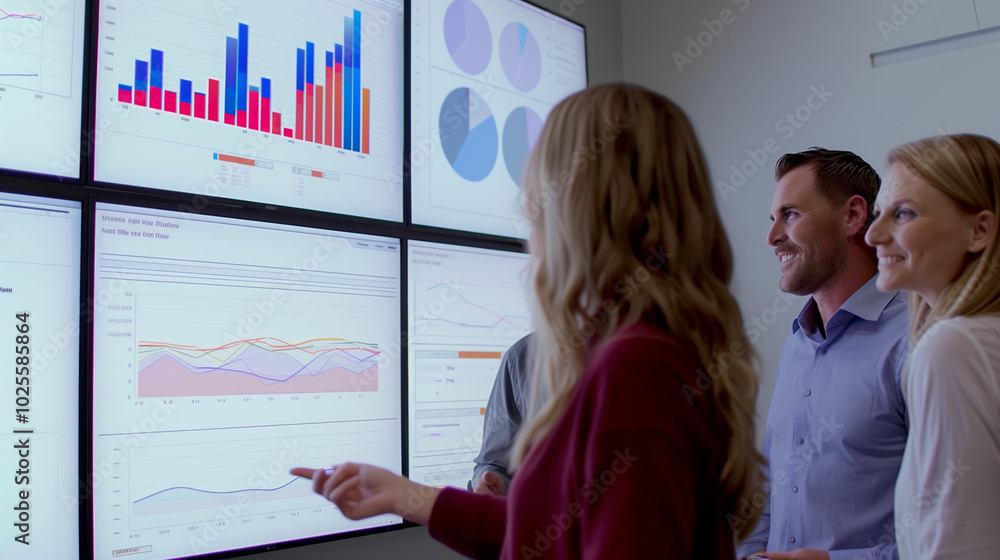 Poster smiling team reviews benchmarking data on large screens in modern office