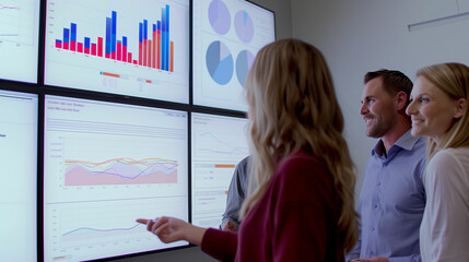 Smiling team reviews benchmarking data on large screens in modern office