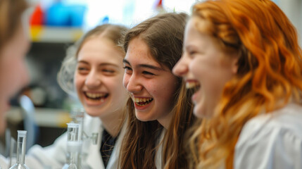 Obraz premium Laughs and experiments shared among enthusiastic young scientists in a lively laboratory setting