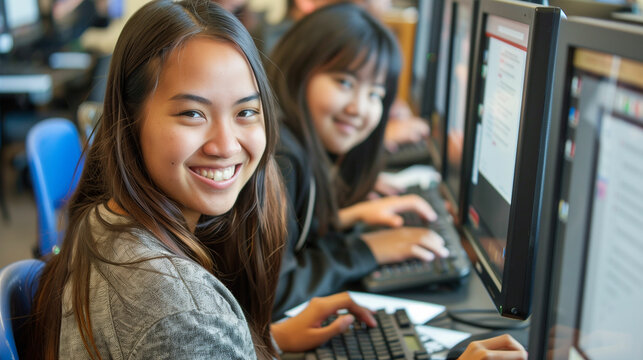 Smiling students using computers in a classroom..