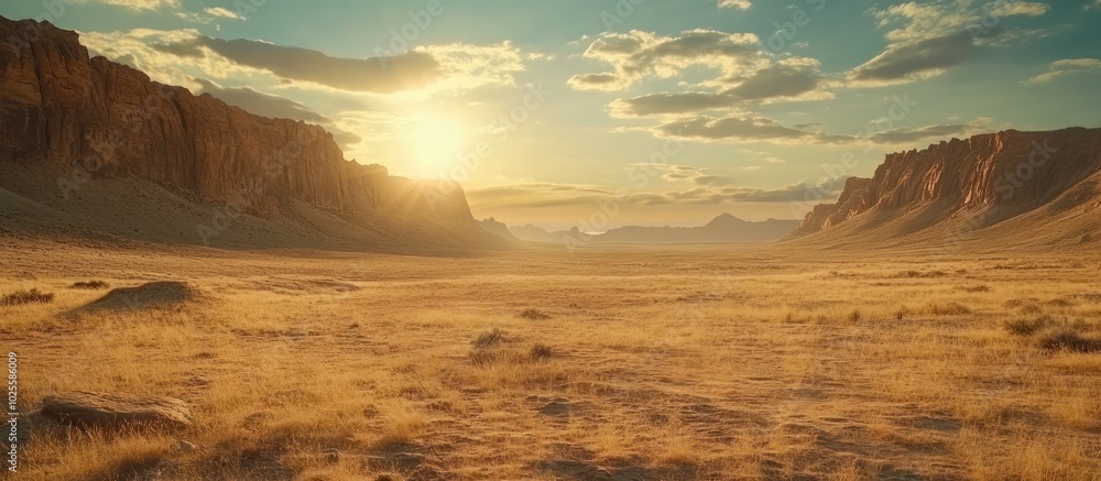Poster a panoramic view of a vast desert landscape with towering red cliffs in the distance.