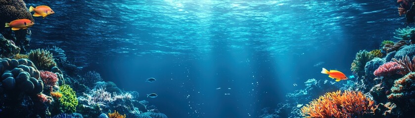 Fototapeta premium A vibrant underwater scene showcasing colorful coral reefs and various fish, illuminated by beams of sunlight filtering through the water.