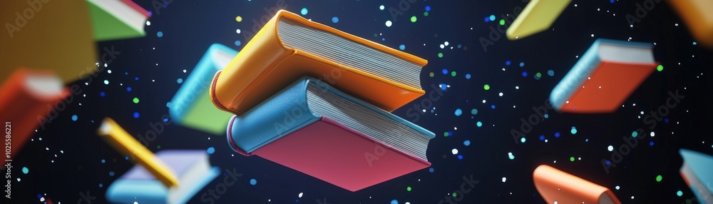 Poster colorful books float against a starry background, creating a whimsical and imaginative scene that ev
