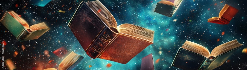 Poster an imaginative scene featuring floating books in a cosmic space, symbolizing knowledge and the explo
