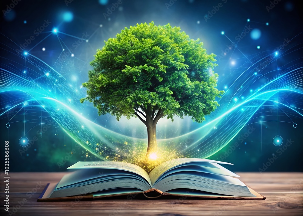Poster glowing tree of knowledge emerging from open book in digital world