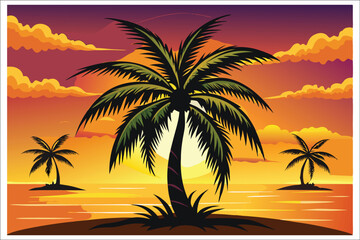 Fototapeta premium Coconut Tree Sunset Beach Vector Illustration 2025
