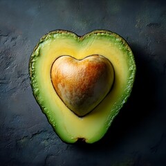 Half avocado in heart shape with cute heart pit in the center on dark background. Ripe and wholesome superfood