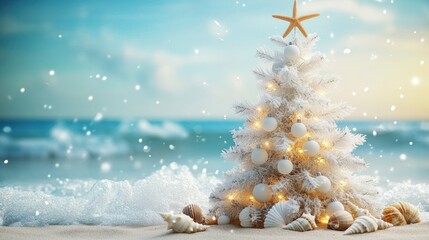 Coastal-themed white tree with seashell and starfish ornaments, background featuring a festive beach scene with sand and twinkling ocean waves.