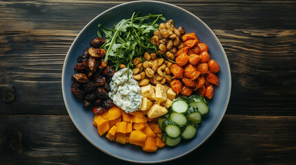 a top down shot of a plate. On the plate there is different foods separated by segments