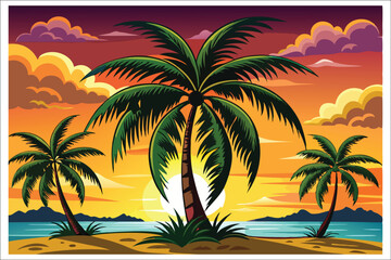 Coconut Tree Sunset Beach Vector Illustration 2025