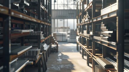 Obraz premium Metal building materials stacked on shelves in a warehouse