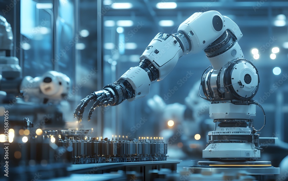 Poster a robotic arm assembling components in a modern factory, showcasing advanced automation technology a