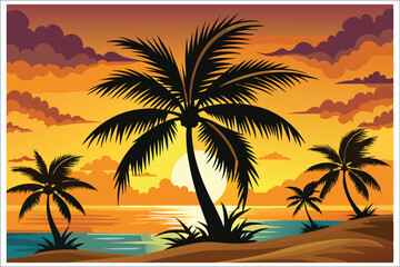 Fototapeta premium Coconut Tree Sunset Beach Vector Illustration 2025