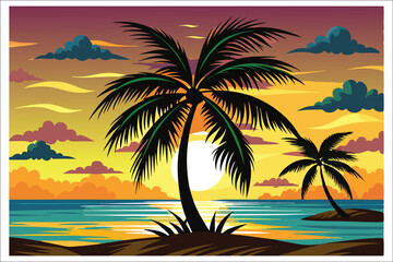 Fototapeta premium Coconut Tree Sunset Beach Vector Illustration 2025