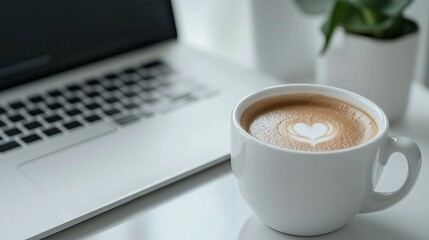 Latte Art with Laptop in Background