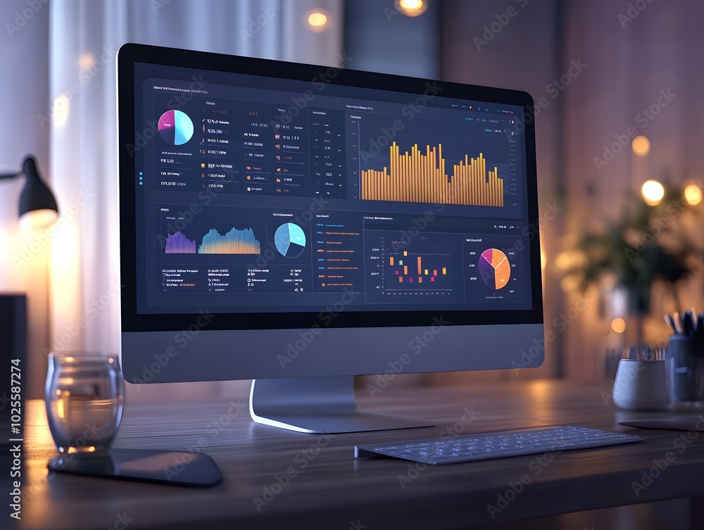 Poster a modern desktop computer displaying colorful data visualizations and analytics in a well-lit office