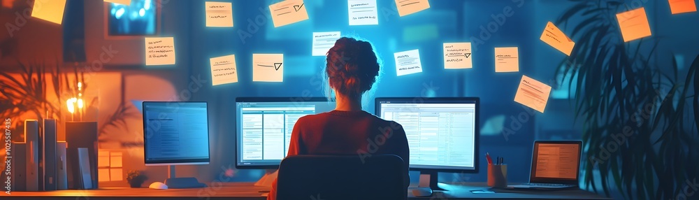 Poster a focused individual working at a desk, surrounded by colorful sticky notes and multiple computer sc