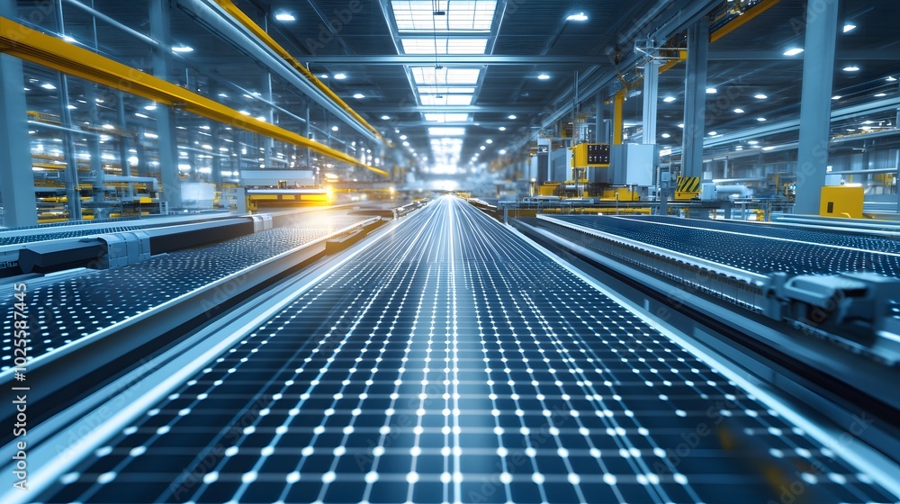 Poster a dynamic view of an industrial conveyor system inside a modern factory showcasing technology and ef