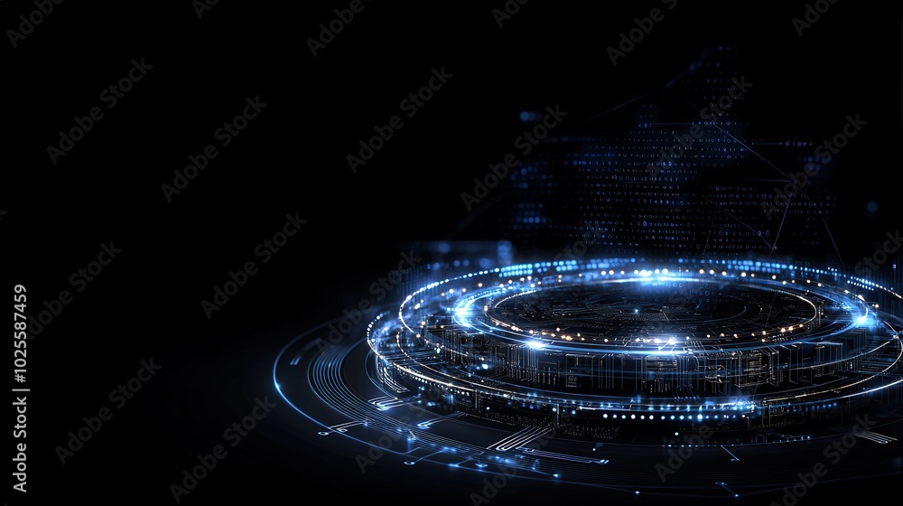 Poster futuristic technology interface with glowing circular hud and circuitry