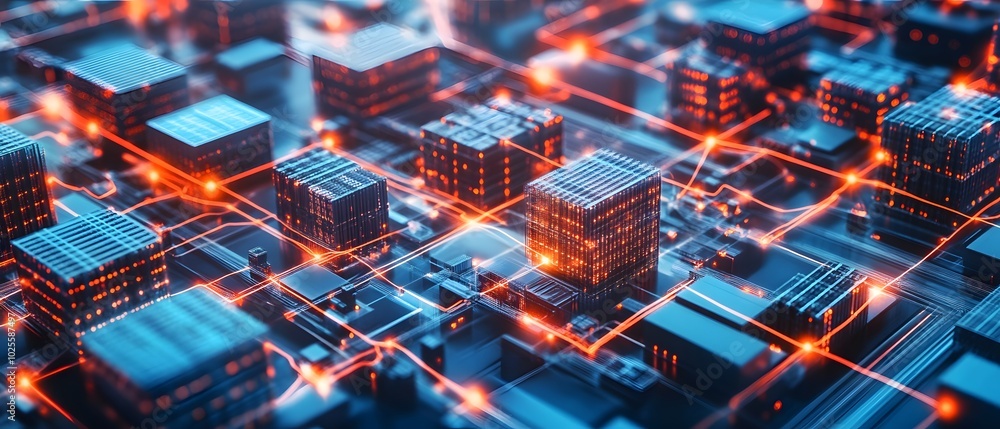 Poster A futuristic city grid featuring illuminated buildings and glowing lines representing data flow and connectivity.
