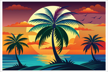 Coconut Tree Sunset Beach Vector Illustration 2025