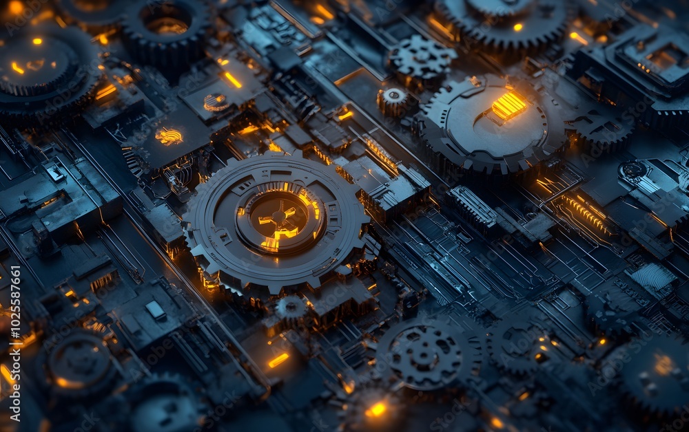 Poster a close-up view of a complex mechanical arrangement featuring glowing gears and intricate patterns, 