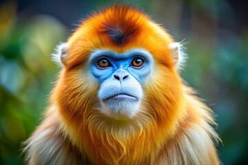 Obraz premium Golden Snub Nosed Monkey Portrait in Natural Habitat Showcasing Unique Features of Endangered Primate Species in Asia