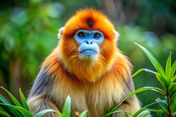 Fototapeta premium Golden-Snub Nosed Monkey in Natural Habitat: Rare Endangered Species Captured in Stunning Wildlife Photography