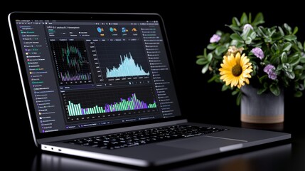 Laptop with Financial Charts and Data Analysis on Screen  Modern Office Workspace  Busines