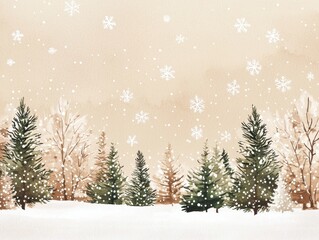 Winter landscape with snow-covered trees and falling snowflakes.