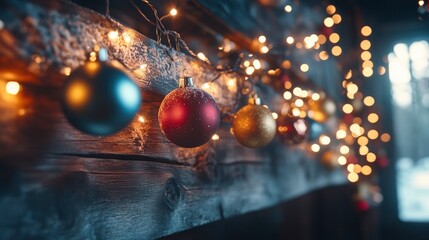 Fototapeta premium Hanging ornaments and twinkling lights draped across a rustic wooden beam in a festive cabin.