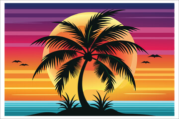 Fototapeta premium Coconut Tree Sunset Beach Vector Illustration 2025