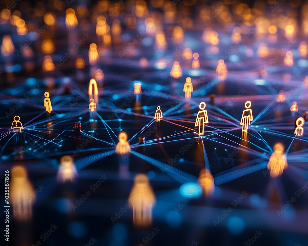 Poster abstract digital network connecting people with glowing figures representing communication and inter