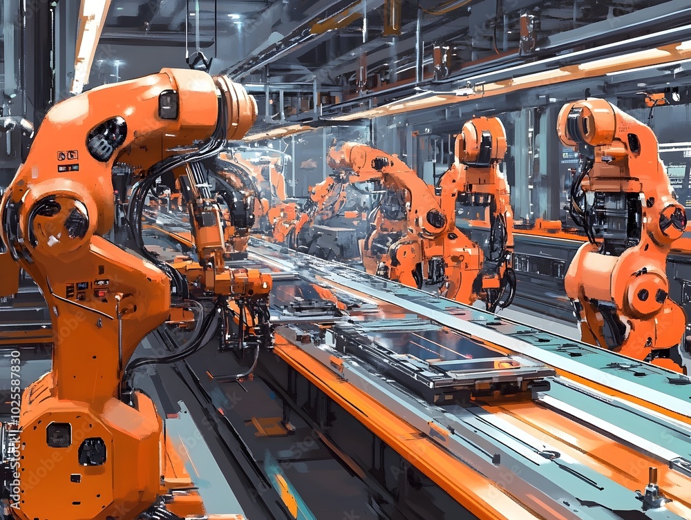 Poster advanced robotic arms in a modern assembly line, showcasing automation and efficiency in manufacturi