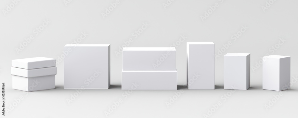 Fototapete Clear 3D rendering of a set of blank package boxes, isolated on a white backdrop.